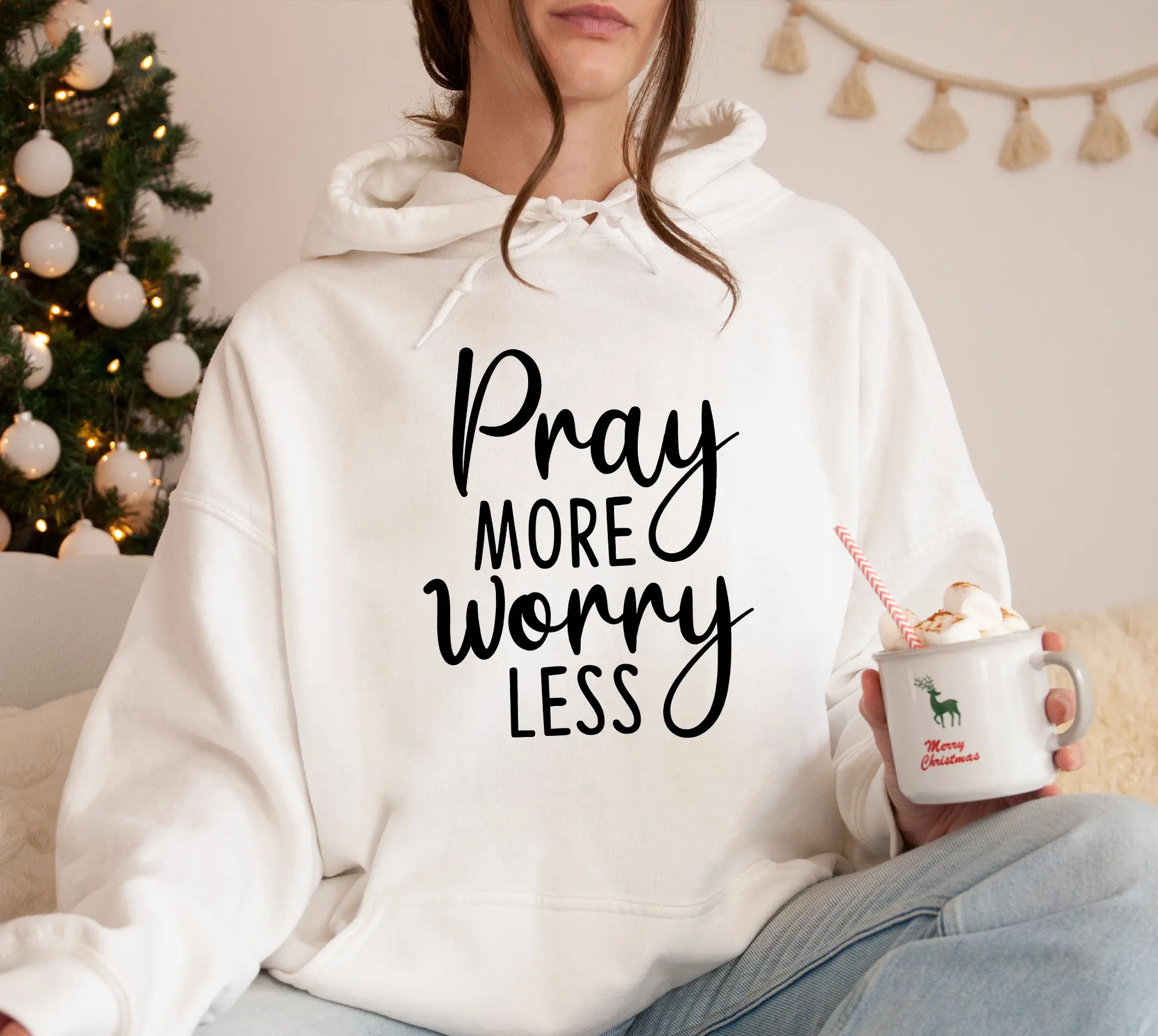 

Pray More Worry Less Hoodie Sweatshirt Women Long Sleeve Sweatshirt Pullover Tops Unisex Fashion Vintage Autumn Clothing