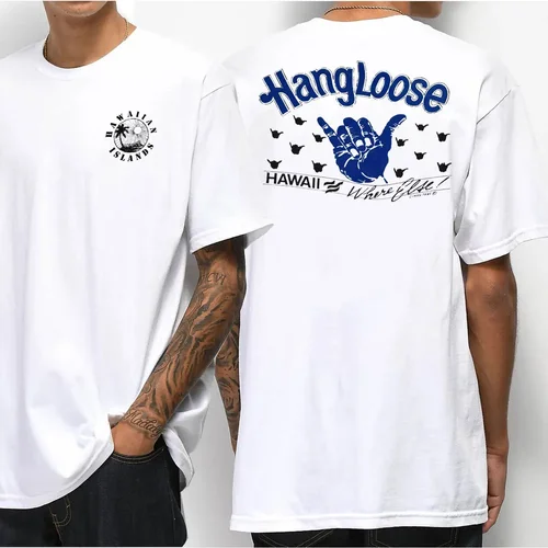 Imagen 2 del producto Camiseta informal de estilo hawaiano para hombre, tabla de Surf Shaka de pino colgante de isla, Camiseta de algodón blanca para hombre y mujer, Tops Retro para Surf en la playa