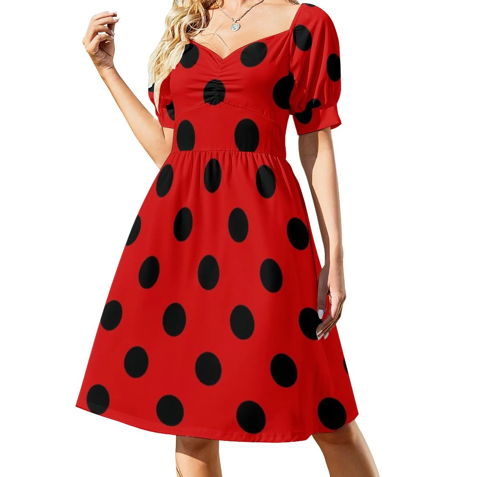 

Elegant Extra Large Black on Red Polka Dots Sleeveless Dress Woman fashion Dresses gala