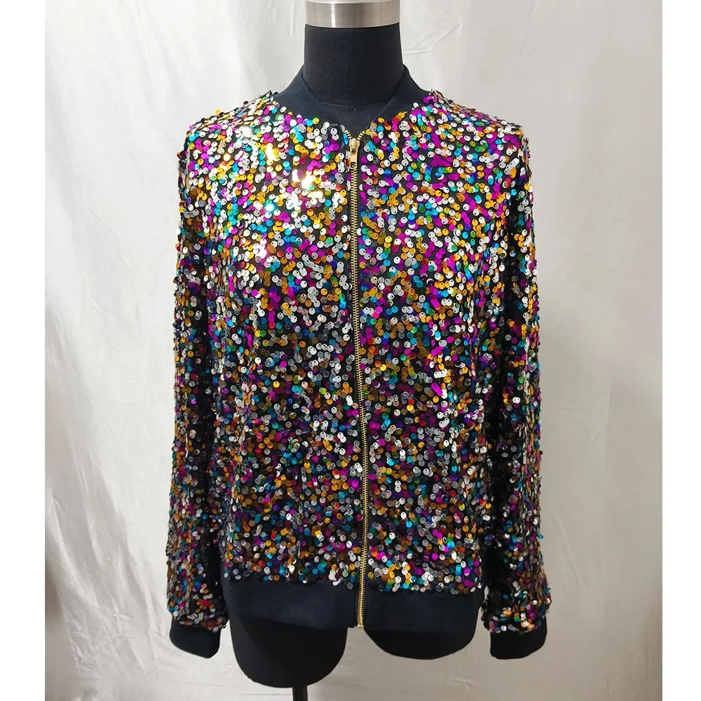 

Bright Sparkling Bead Embroidery Spring Autumn Elegant Colorful Sequin Long Sleeve Jacket Women's Fashion Outerwear Top