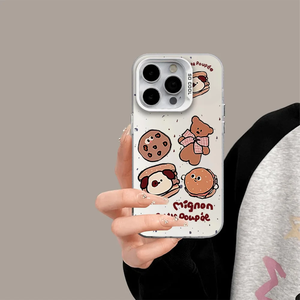 Niche Cartoon Fun Ink Splash Bear Bread Cookies Phone Case For IPhone 12 11 13 14 15 16 Max Pro Plus Laser Cover