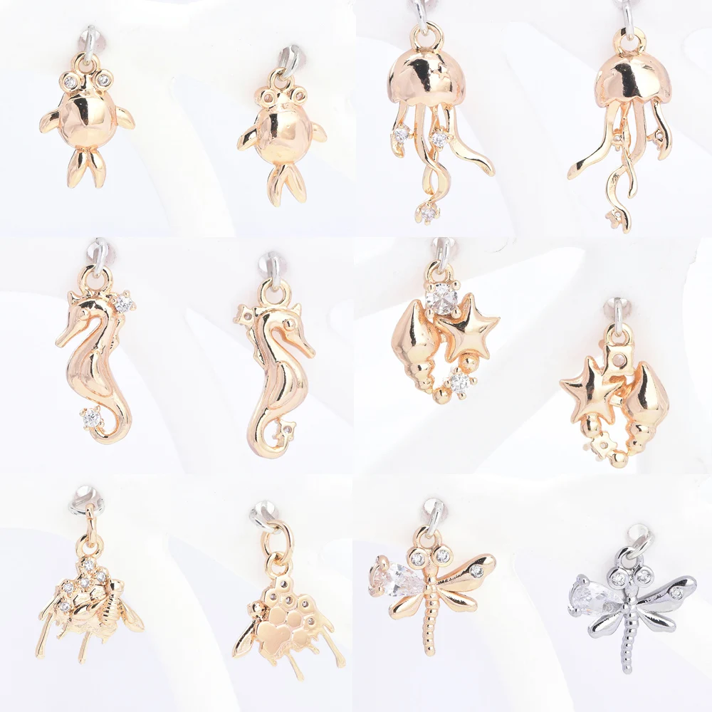 (8945)24K Gold Color Brass with Zircon Marine Life Insect Shaped Pendants Charms High Quality Diy Jewelry Making Accessories