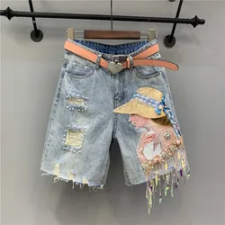 2023 sommer Denim Shorts Frauen Quaste pailletten Mode Zerrissenen Jeans Shorts Lose Hohe Taille Knie Länge hosen Weibliche