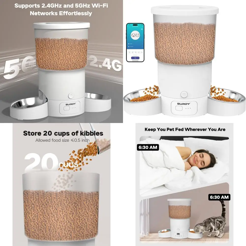 

5L 5G WiFi Smart Cat Feeder, 20 Cups Dispenser for 2 Cats with Remote APP Control (White)
