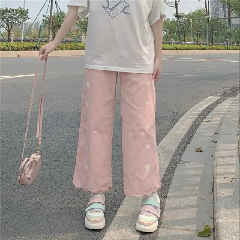 Harajuku Kawaii Japan Style Pants Women Cute Elastic Waist Casual Beige Trousers Soft Girl Oversize Autumn Loose Pants