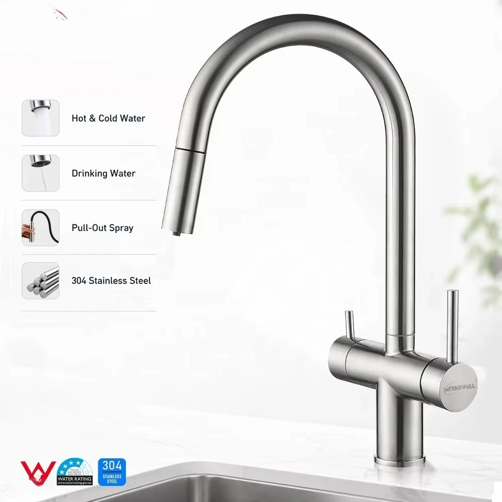 Custom WaterMark Pull Out 3 Way Sink Mixer 2 in 1 Drinking Water Tap 304 Stainless Steel Kitchen Faucet