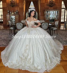 Sparkling Chapel Train 15 Quinceanera White Sweet Princess Inlaid Sequins Gold Applique Vestidos De 15 Años Quinceañeras 2024