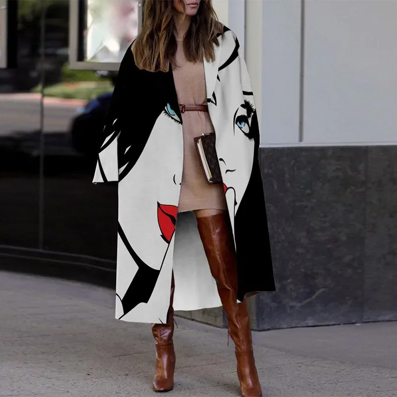 Casual Lapel Long Sleeve Blend Wool Coats Fashion Portrait Print Women Long Overcoat Winter Elegant Lady Cardigan Outerwear