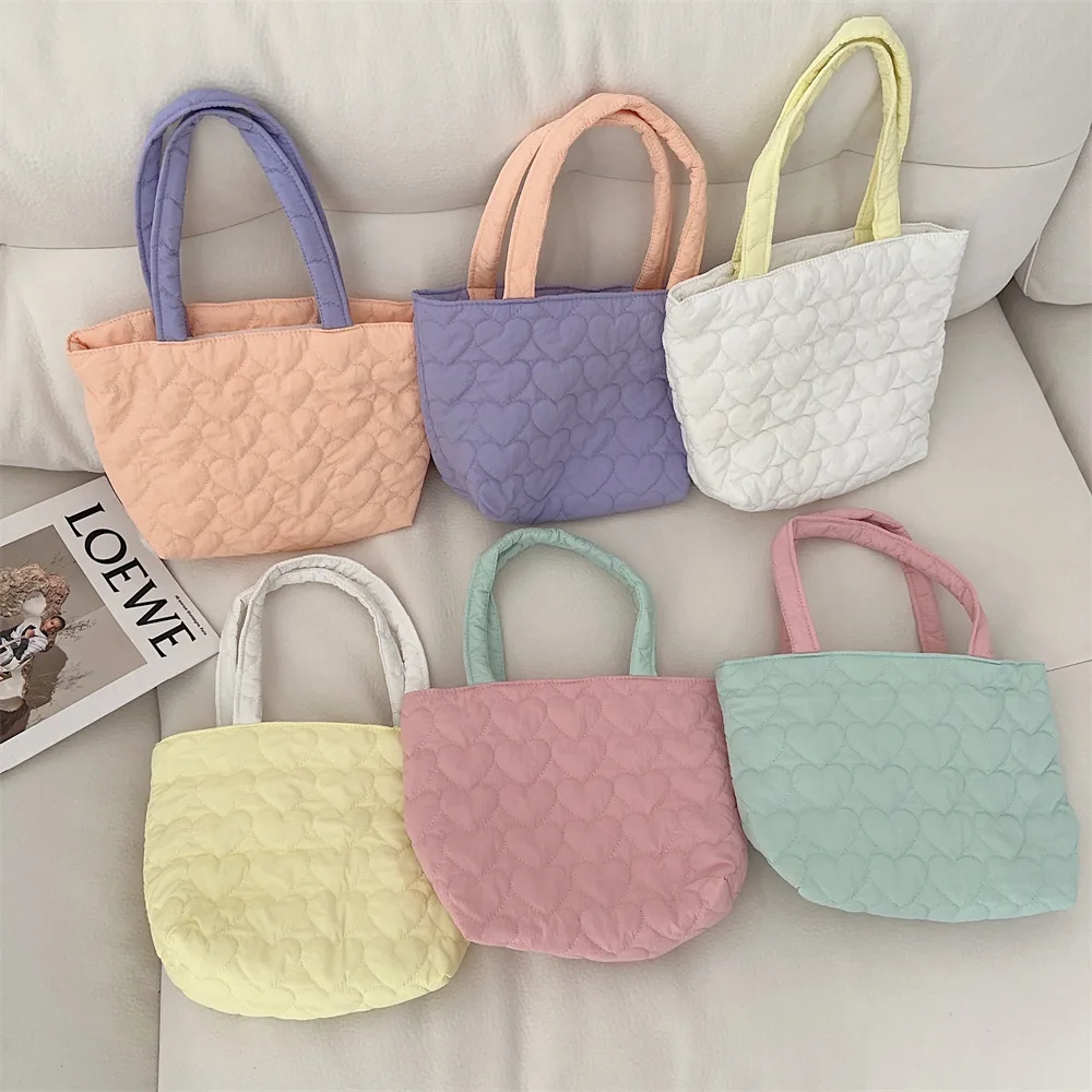 Cute Quilted Love Women\'s Shoulder Bags College Girls Book Tote Travel Purse Handbags Female Bento Bag Storage Shopping Bag