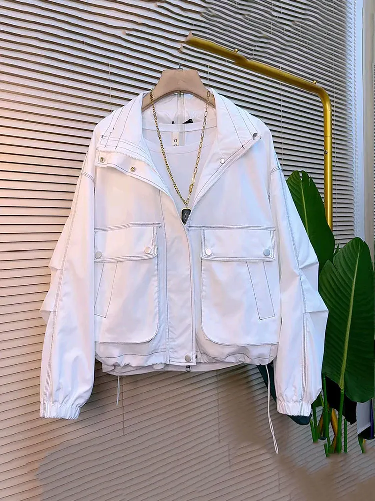 Lapel Collar pleated long sleeved bottom drawstring jacket women Korean version solid color simple spring and autumn top
