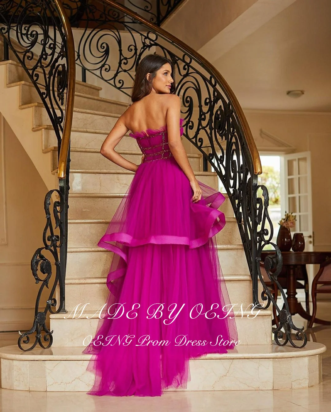 OEING Fuschia Long A Line Prom Dresses Glitter Evening Party Dress Sweetheart Long Tulle Sleeveless Fomral Club Night Gowns