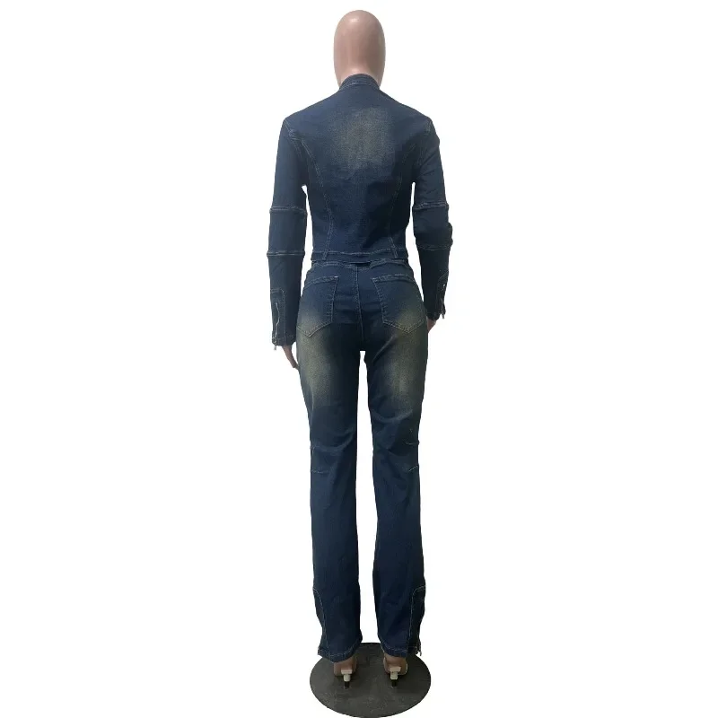 Women Casual Jeans Suits Washed Stretch Denim 2 Piece Set Zippers Stand Collar Long Sleeve Jackets Tops + Holes Pencil Pants