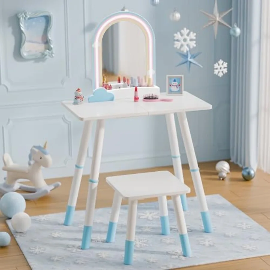 

Vanity Table and Chair Set Adjustable Height Vanity with LED Lights Princess Girls Vanity Set with Stool Toddler Make Up Vanity