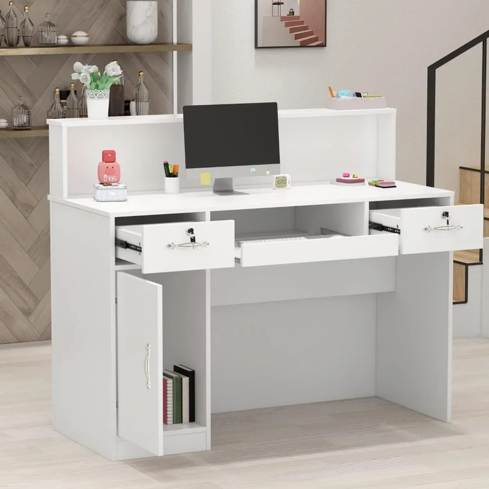 Reception Desk with Light, Display Shelf & Lockable Drawers, Office Desk Reception Counter Table with Keyboard Tray and Door image 3