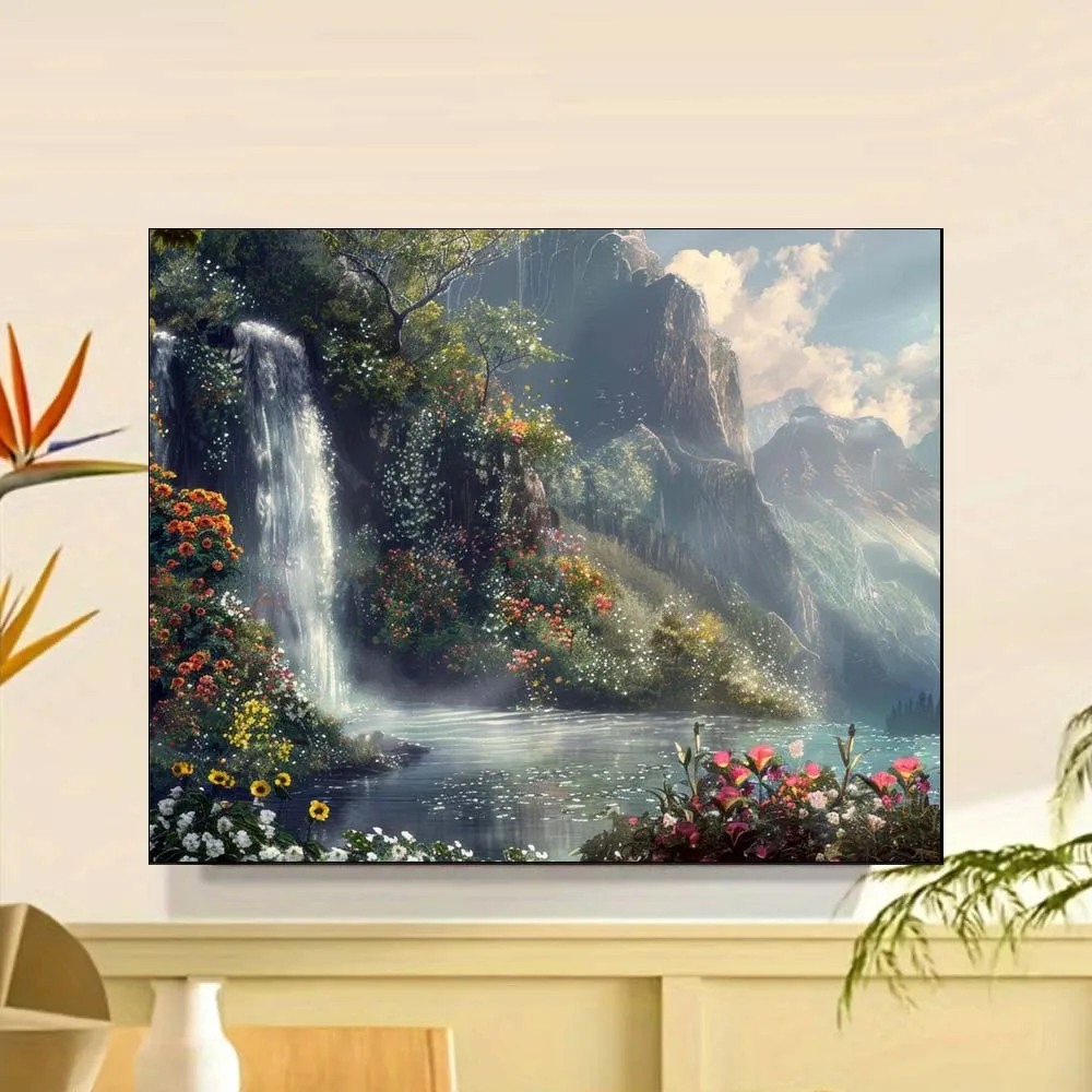 Lush Landscape with Waterfall and Colorful Flowers Canvas Art Diy Digital Oil Painting Kit For Beginner Adult No Frame
