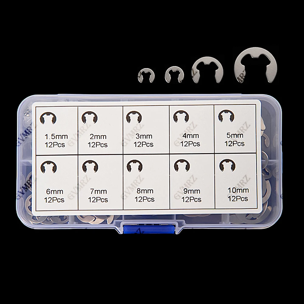 120PCS 1.5MM 2MM 8MM 9MM Stainless Steel Retaining Circlip Set Snap Ring E Clip Washer Assortment for Shaft Fastener M1.5-M10