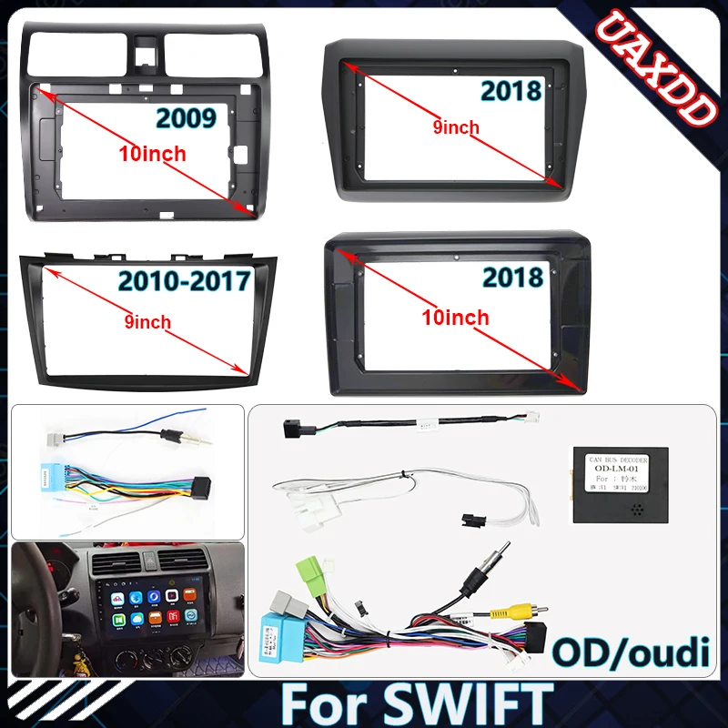 Car Radio Fascia Frame For SUZUKI SWIFT 2009-2018 9-10.1inch Stereo Panel Wire Harness Power Cable Adapter Canbus Decoder