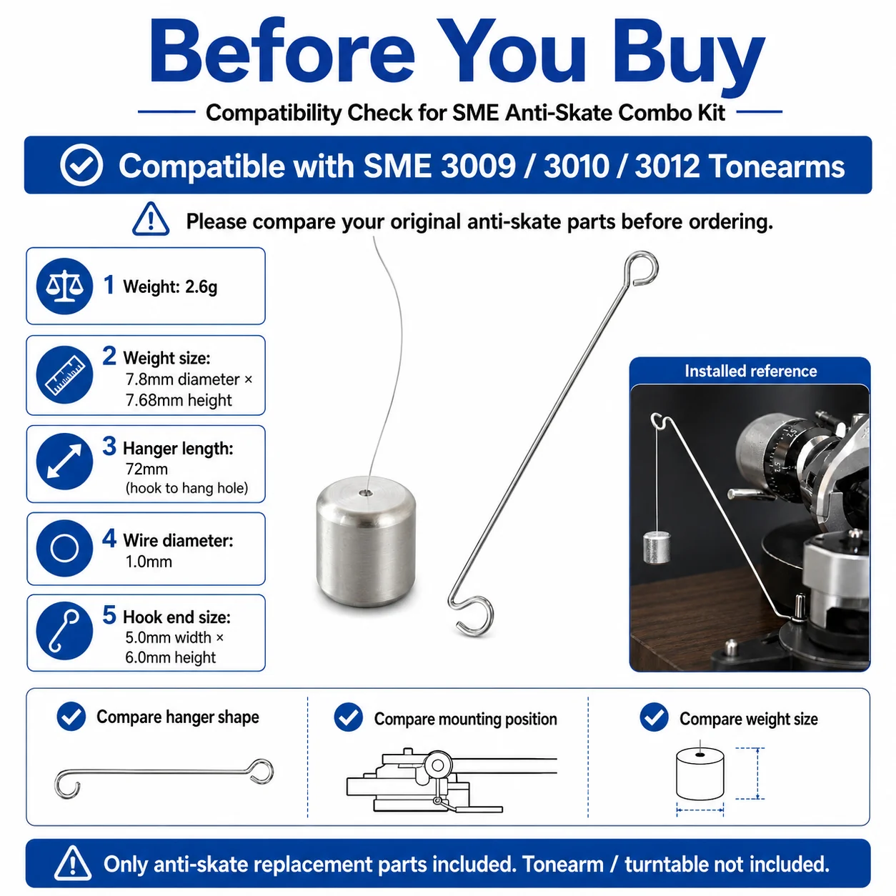 SME Tonearm Anti-Skating Counterweight Set 2.6g with Stainless Steel Hanger for 3009 3010 3012 Turntable Repair