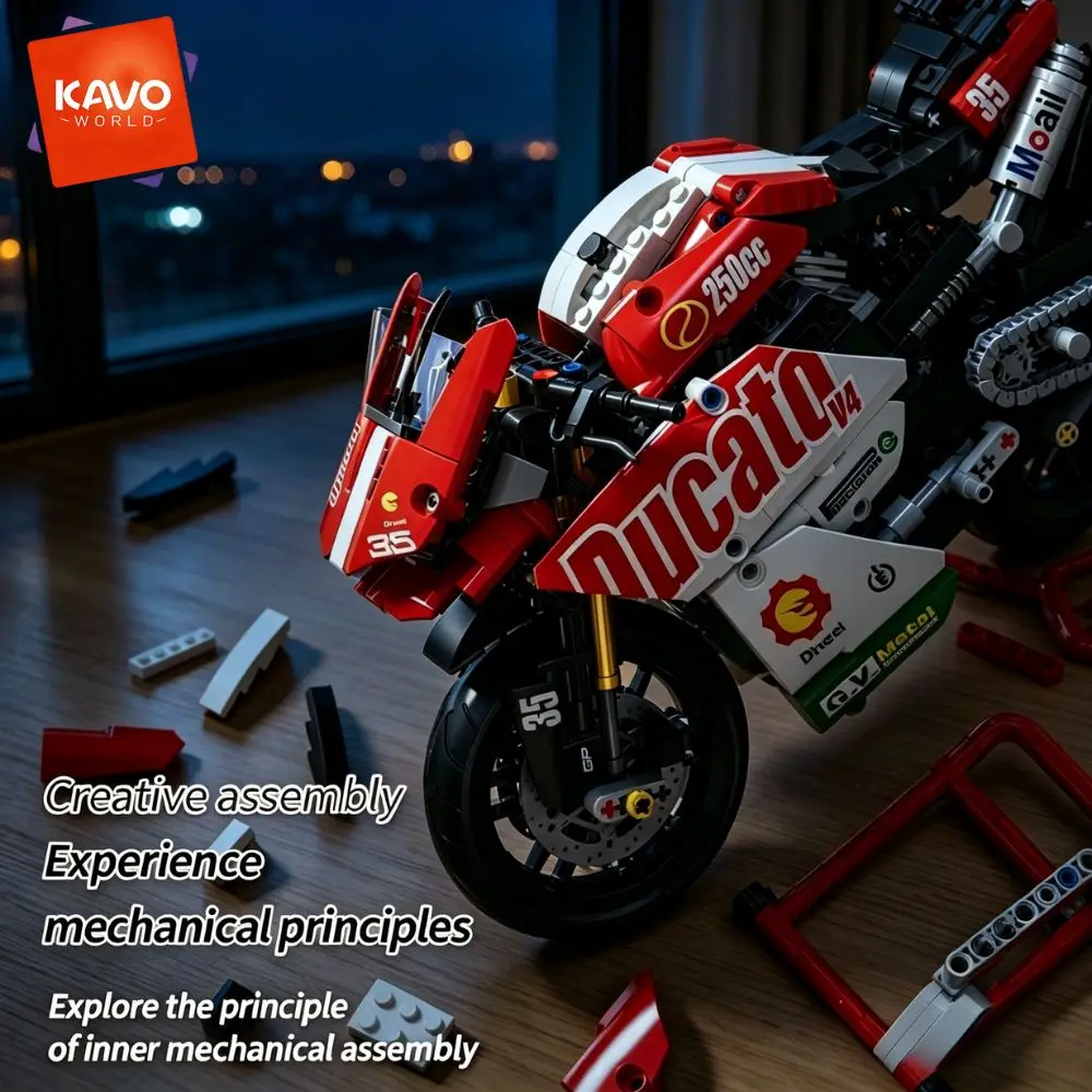 KAVOWORLD 883PCS 1:10 Racing Motorcycle Building Set Track Sport Bike Model Kit Mechanical Motorbike Construction Toy DIY Simulated Suspension Premium STEM Building Blocks with Display Stand Home Decor Gift Box Christmas Birthday Gift for Teens Adults 14+
