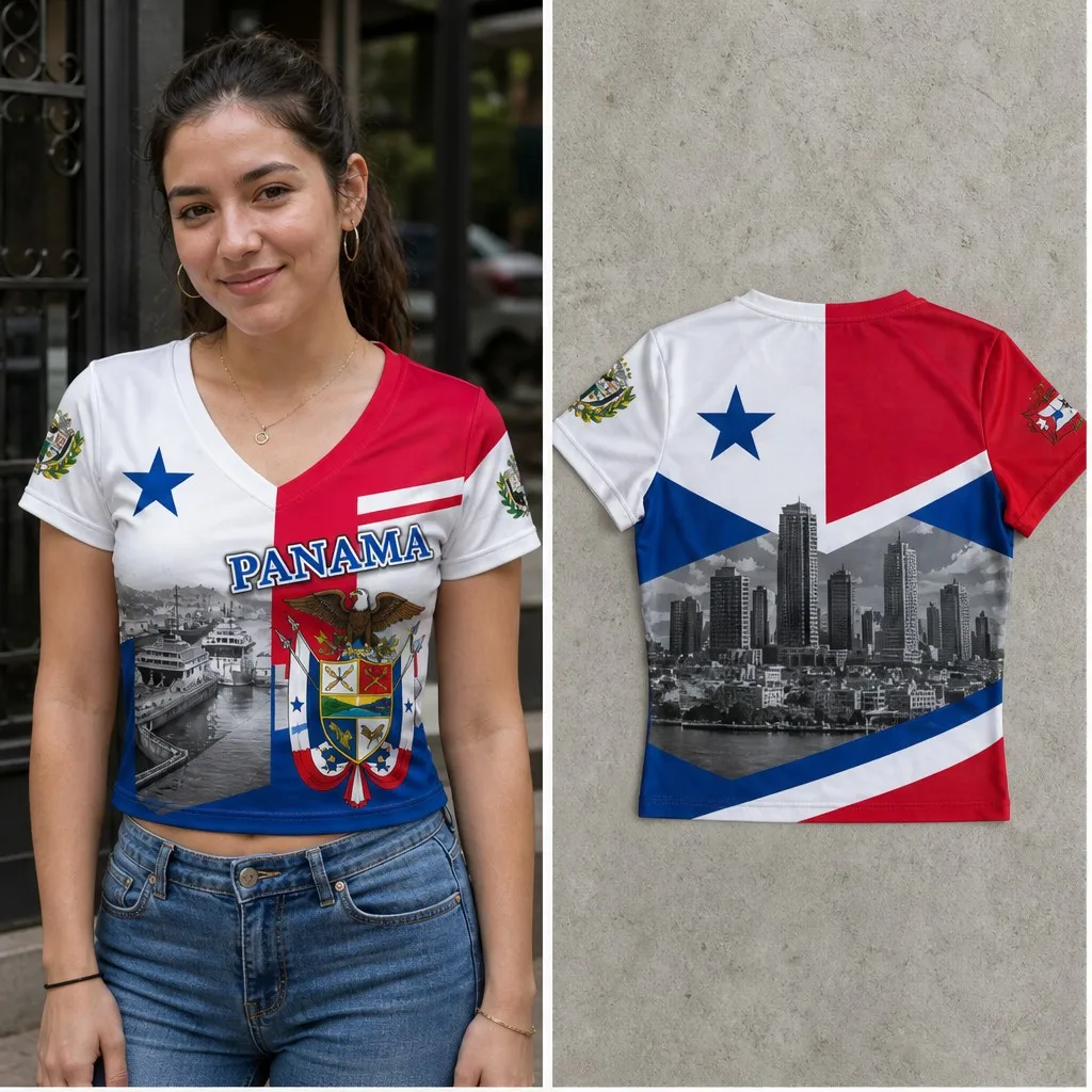 Womens Panama V Neck Short Sleeve Crop Top City Skyline Crest Graphic Casual Summer Shirt for Urban Street Travel and Daily Wear