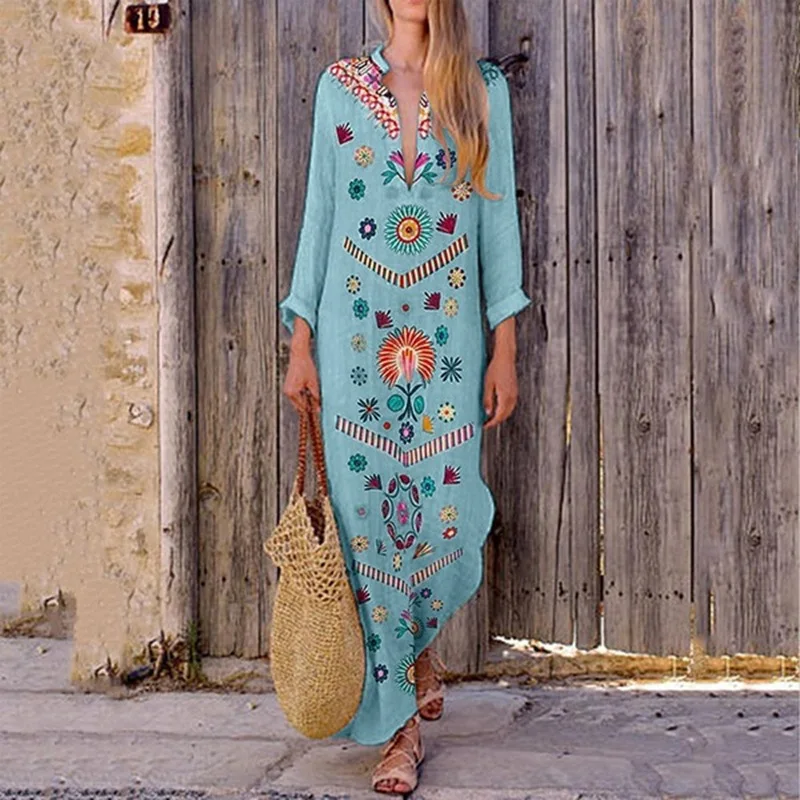 Faionable Long Printed V-Ne Dr Women's Loose Waist Design Street Sle A-Line Skirt Floral Pattern Autumn New Arrival