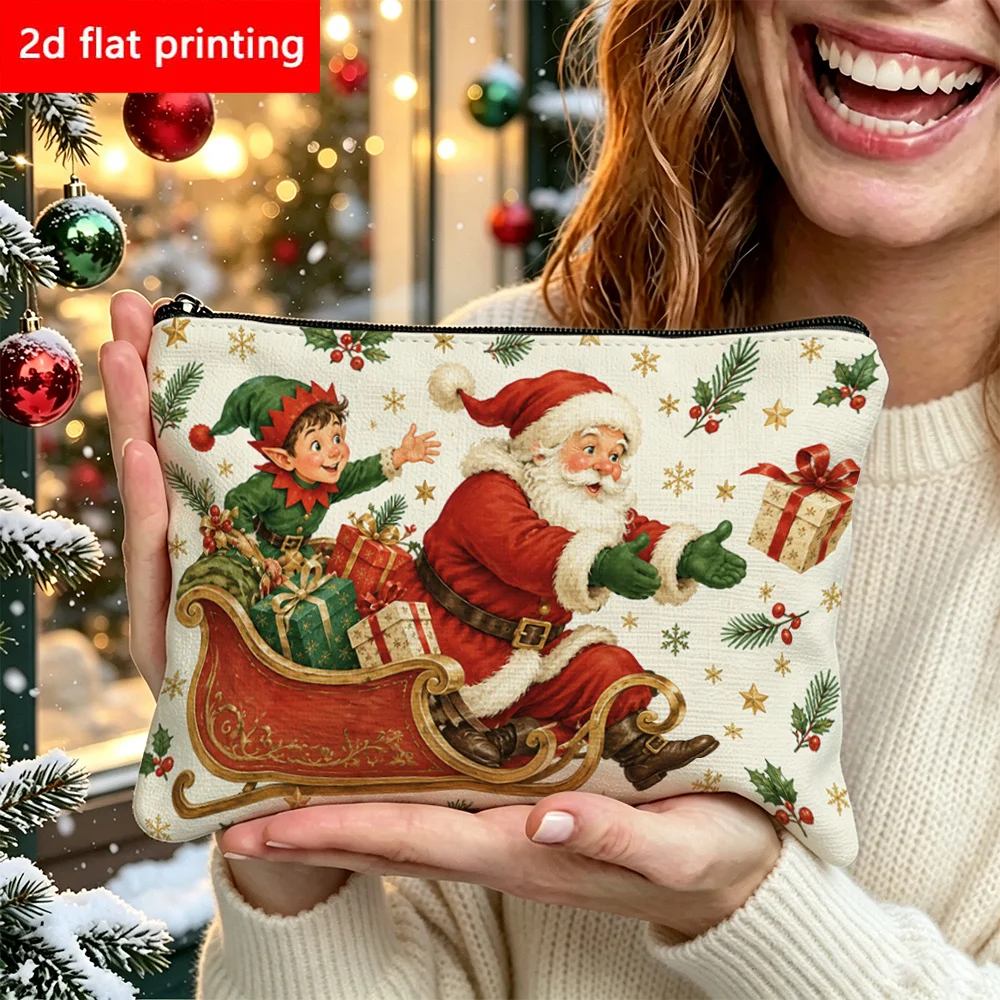 Bolsa de maquillaje de pana con cordón, diseño retro navideño de Papá Noel y duendes, ideal para guardar cosméticos de viaje, con cremallera, para artículos de aseo, regalo navideño.