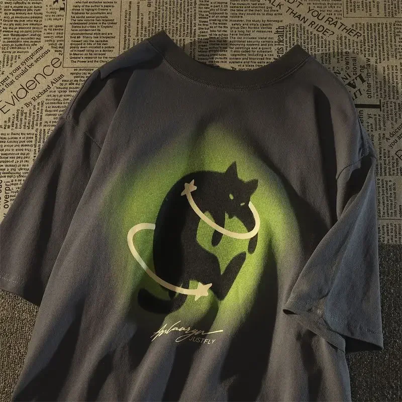 

American Retro Cat Fashion Brand Pure Cotton Short Sleeved T-shirt for Men and Women Oversize Loose and Versatile Couple Top
