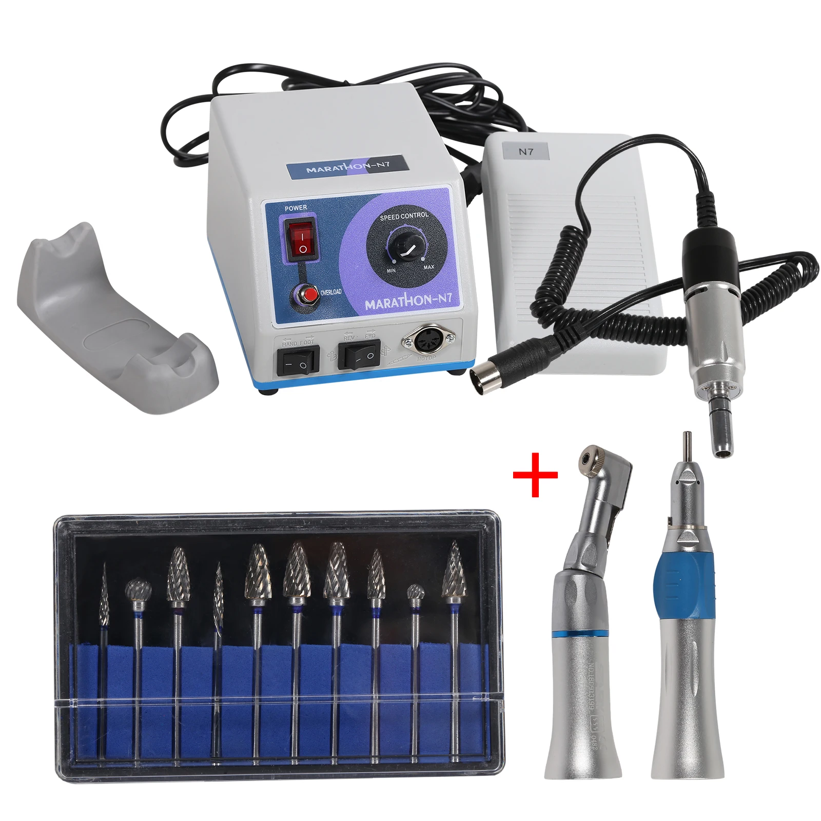 

Dental Equipment 110V/220V N7 Marathon Micromotor Foot Control+ Contra angle straight Low Speed Handpiece + Polisher Burs Kit