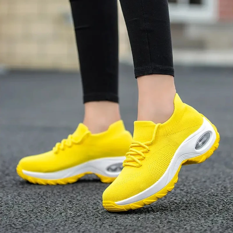 Women Tennis Shoes Air Cushion Red Sports Shoes High Heels Mesh Lace-up Female Sock Footwear Outdoor Thick Bottom Women Sneakers