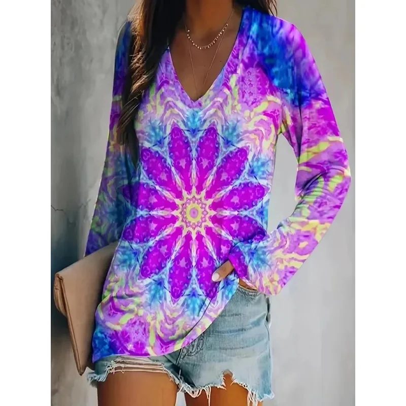 تي شيرت بطبعة زهور بمقاس كبير، تي شيرت كاجوال بأكمام طويلة ورقبة على شكل حرف V، ملابس نسائية بمقاسات كبيرة