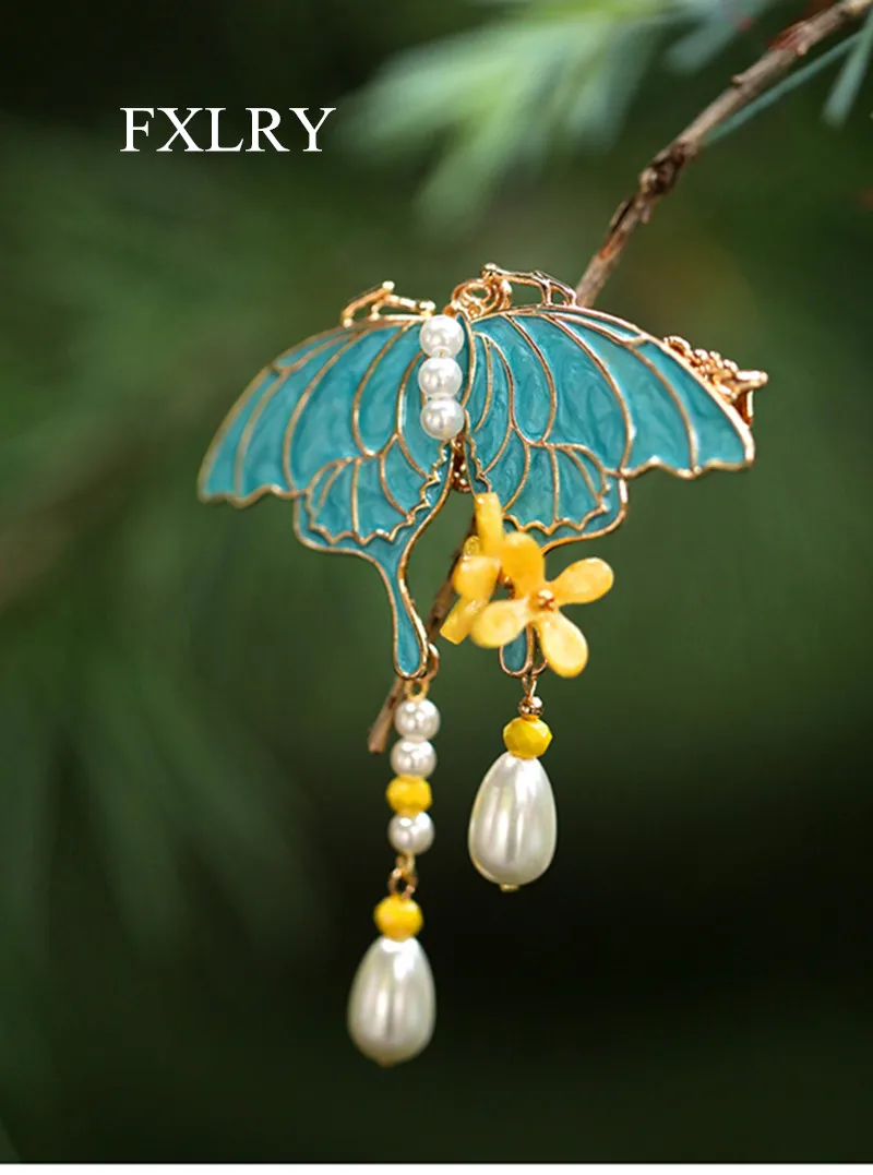 

FXLRY Original Design Handmade Butterfly Edge With Tassel Walking Burnt Blue Pearl Hairpin Headdress