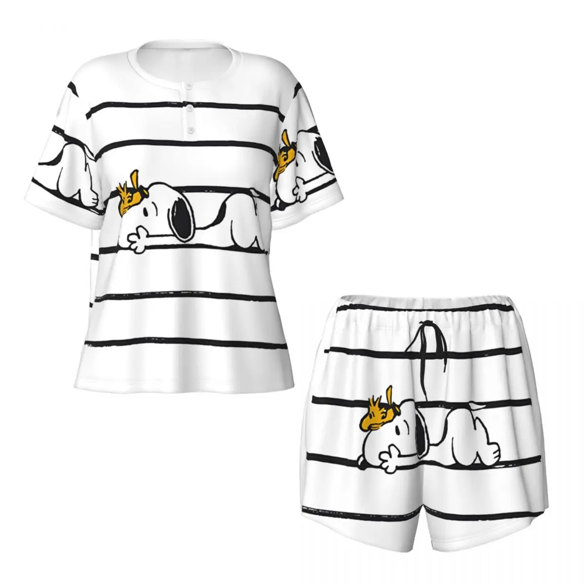 Kustom Manga Snoopy set piyama kayu wanita 2 potong kartun anjing lengan pendek celana pendek Pjs pakaian tidur