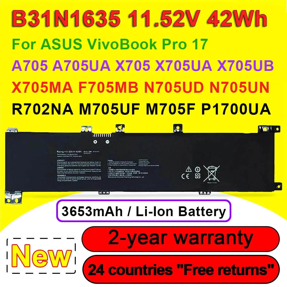 B31N1635 Laptop Battery For ASUS VivoBook Pro 17 A705 A705UA A705UQ X705 X705UA F705UA Series Batteries 11.52V 42Wh 3653mAh