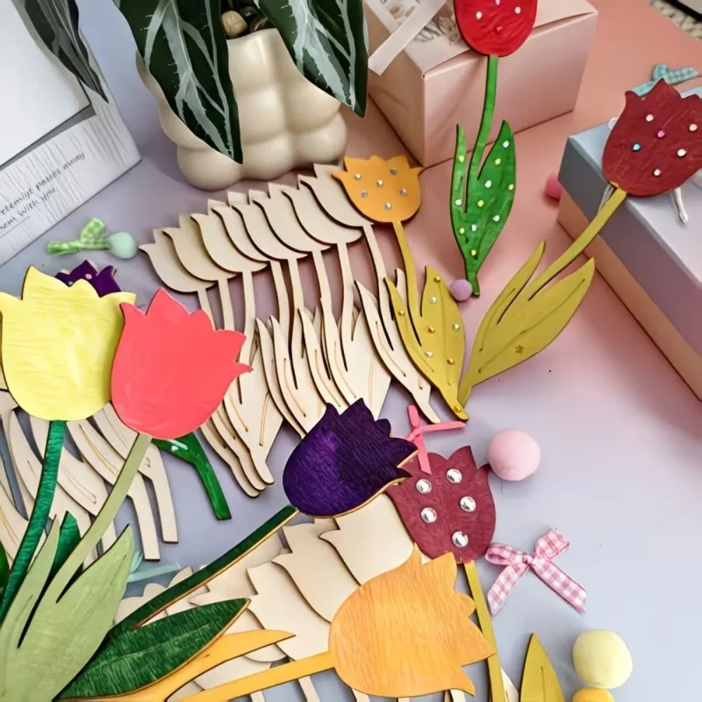 

30 PCS Blessing Message DIY Wooden Flower Ornament Creative Funny Rose Painting Crafts Decoration Wooden Rose Chips Mother's Day