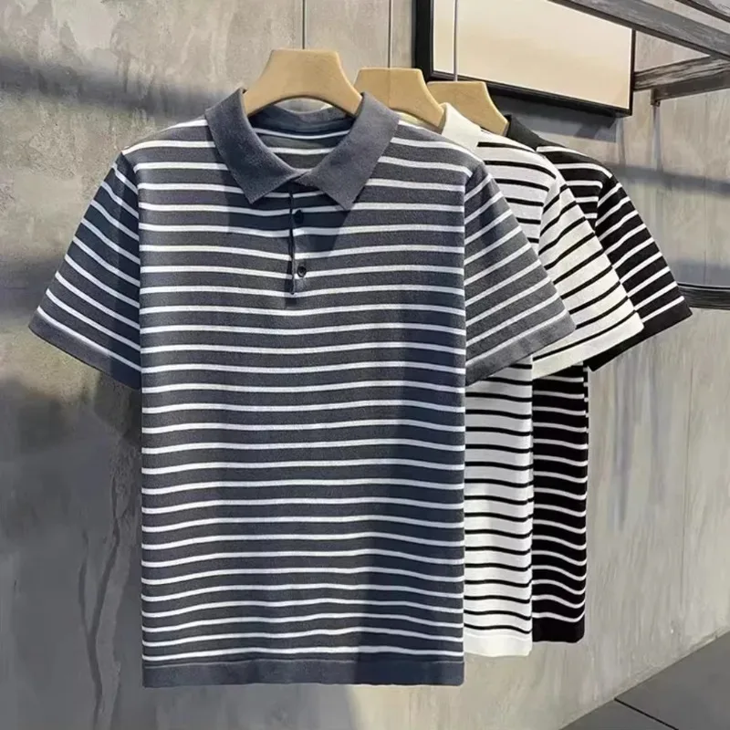 

Summer Ice Silk T-Shirt Casual Slim Fit Lapel Breathable Quick Drying Men's Golf Polo Shirt Striped Short Sleeved Business Top