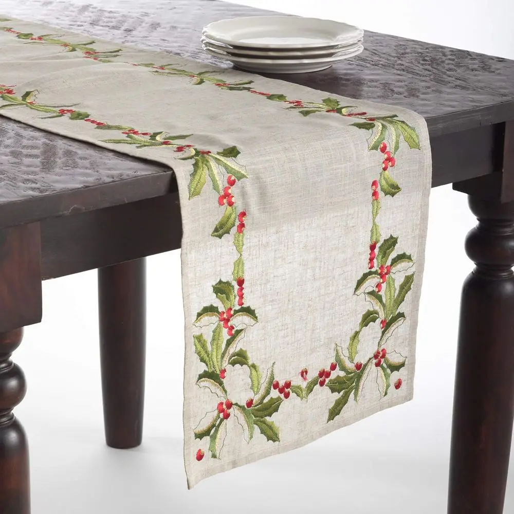 

Handcrafted 16x90 Natural Holly Embroidery Table Runner - Holiday Collection