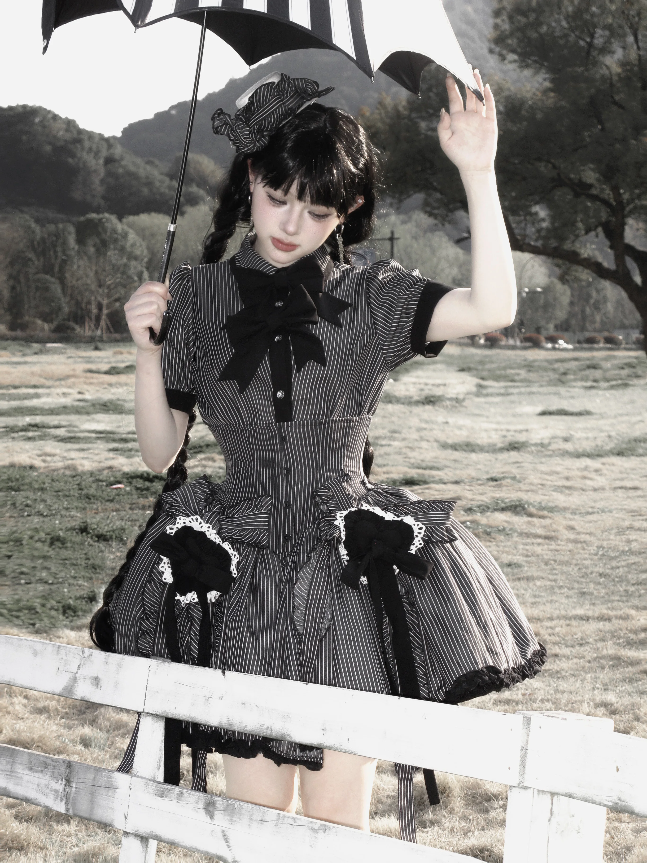 Black Gothic Subculture Dark Striped Short Sleeve Shirt Summer New Women's Slim Fit Retro Elegant Blouses Cake Skirt Cos Costume