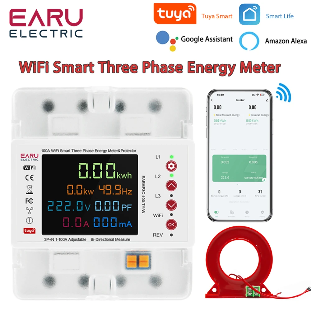 Three Phase 100A Tuya WiFi Smart Bi-Directional Energy Power kWh Meter Leakage Over Under Voltage Protector Switch Current Limit