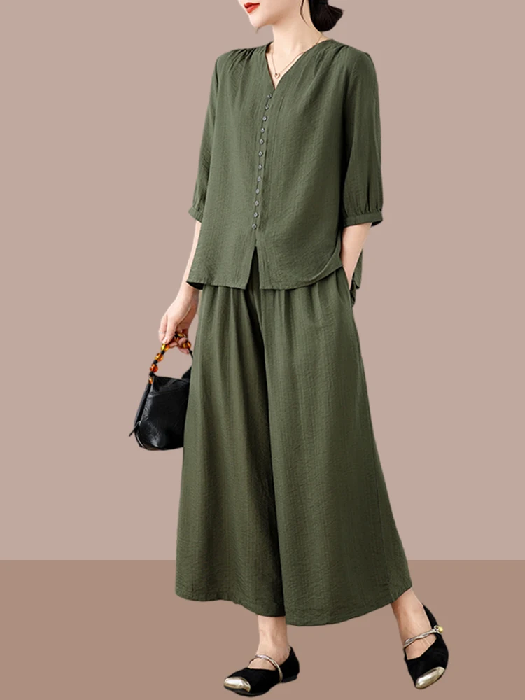 

Casual Cotton Linen Set Women's Summer Loose Wide Leg Pants Two Pieces Faionable Mommy Wear Comfortable Breathable Polyeste...