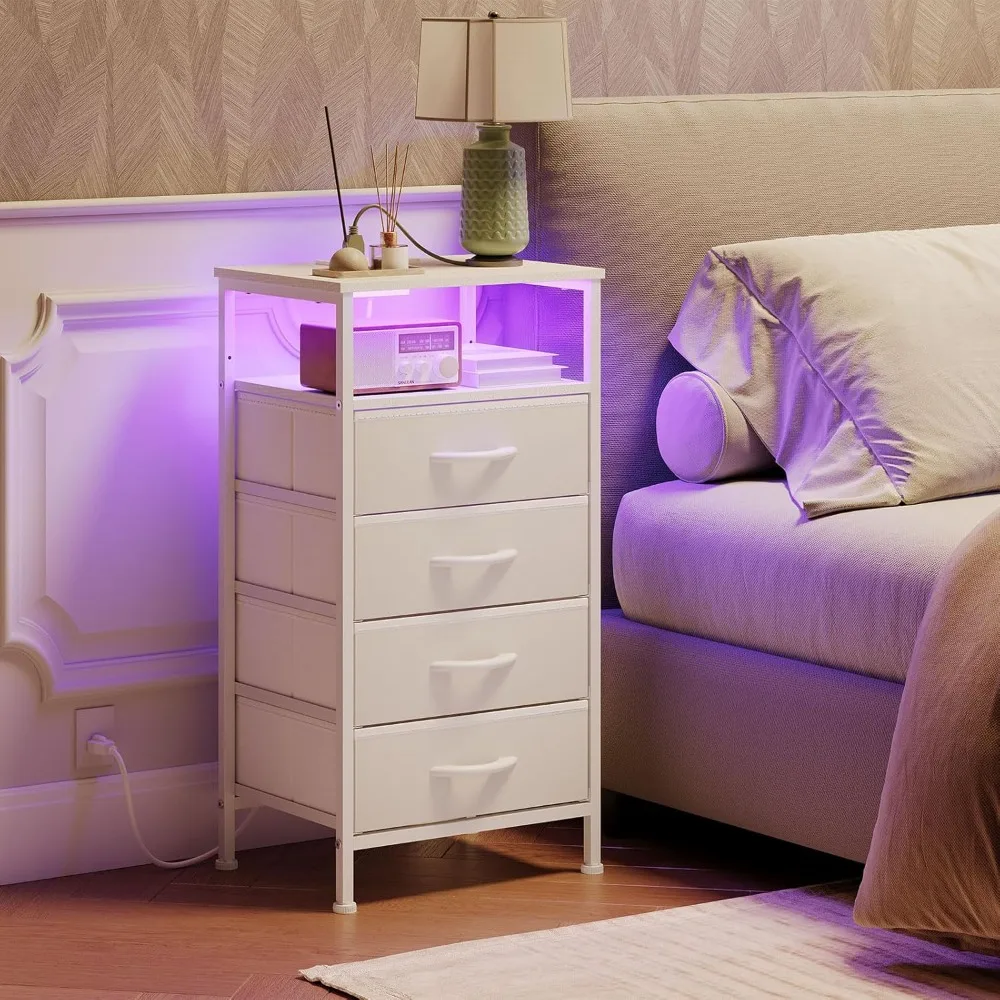 

Bedside table with charging station and LED lights, coffee table with 4 fabric drawers, bedside table with socket and USB port