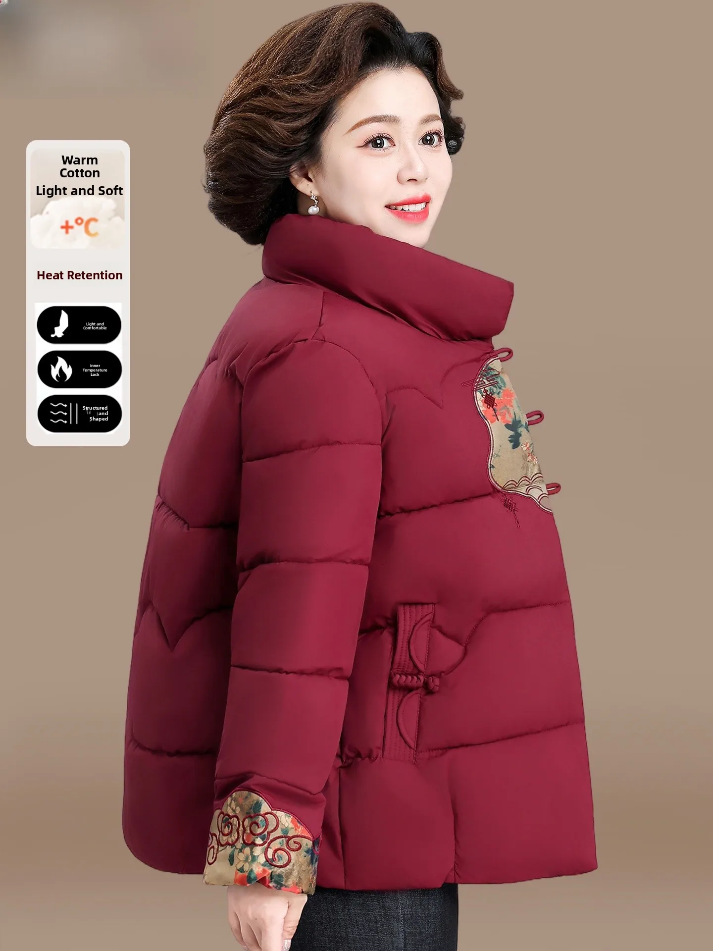 

Winter Cotton Jaet Women's Padded Coat Middle-Aged Mom Faionable Warm Loose Fit Stand Size Button Detail Straight Hem