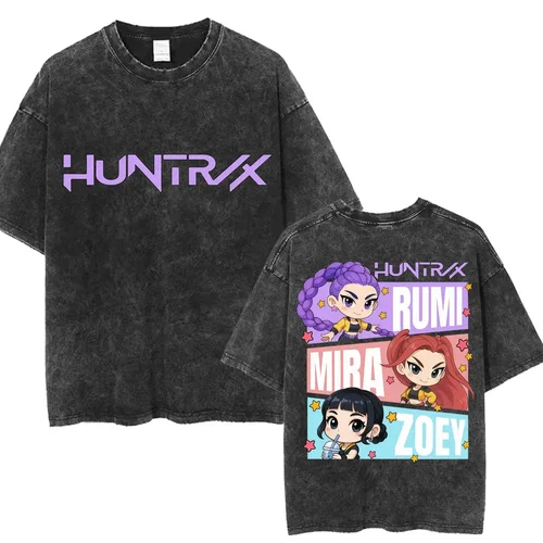 Imagen 1 del producto Camiseta lavada de Kpop Anime Demon Hunter Huntrix para niñas, camisetas Unisex de moda Kawaii, camiseta Vintage informal de algodón de gran tamaño