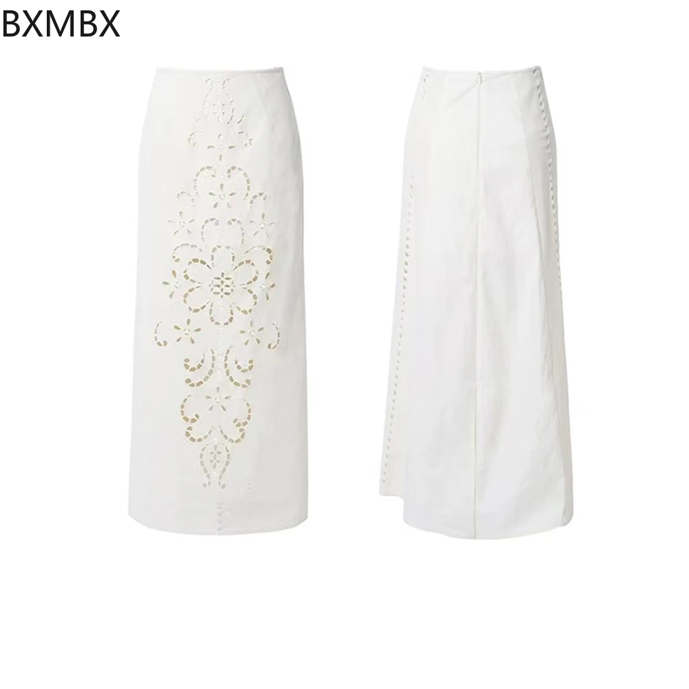 New Chinese skirt  embroidery hollow design sense niche high waist elegant niche Chinese style long skirt