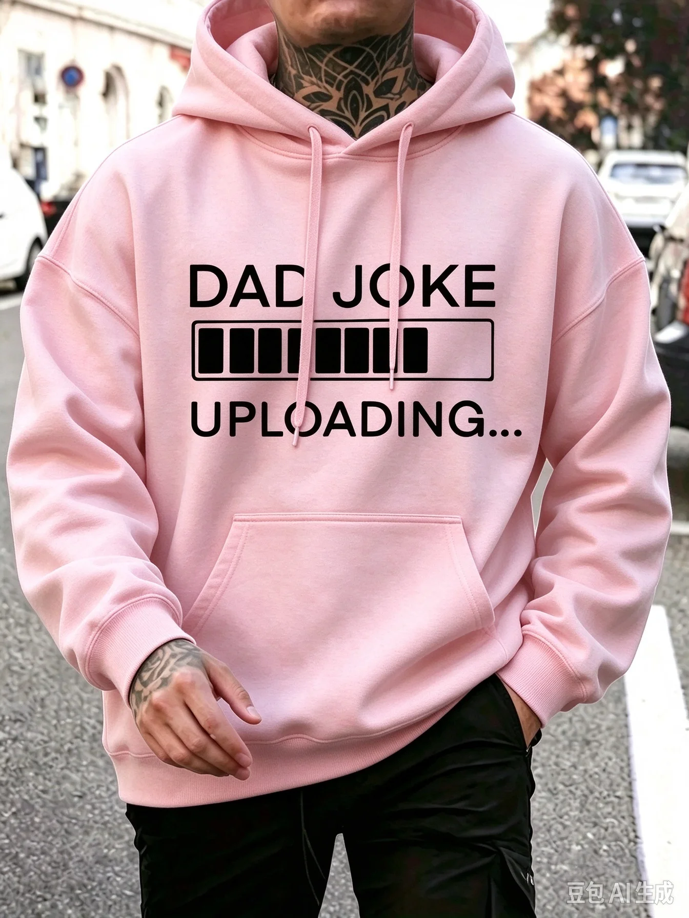 Men's Pullover Hoodie, Dad Joke Uploading Loading Bar Graphic Hooded Sweatshirt, Casual Loose Streetwear Hoodie For Father Gift