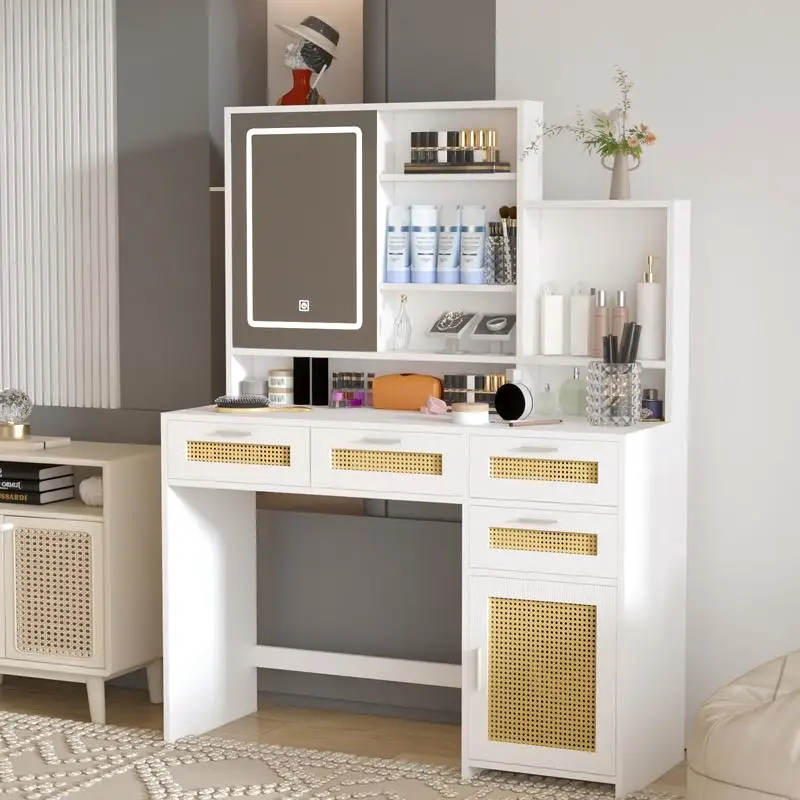 Makeup Vanity Table with LED Lights, Openable Mirror, 4 Drawers, 1 Cabinet & Shelves, Rattan Design for Bedroom Use