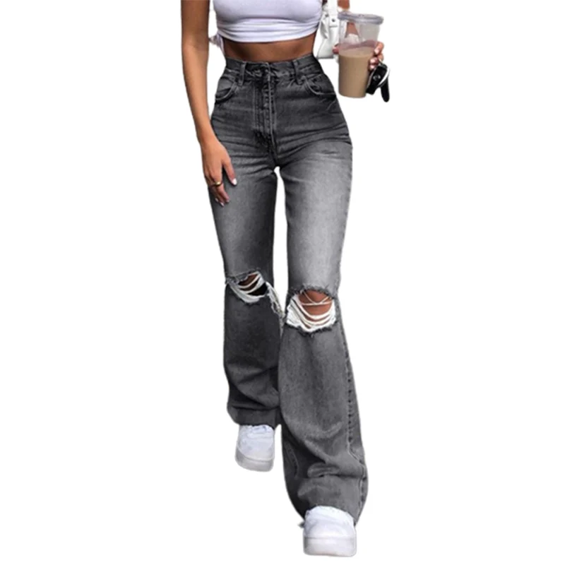 

Fashion High Waist Broken Holes Flared Jeans Women New Wide Leg Denim Pants Summer Comfortable Commuter Casual Trousers Washable