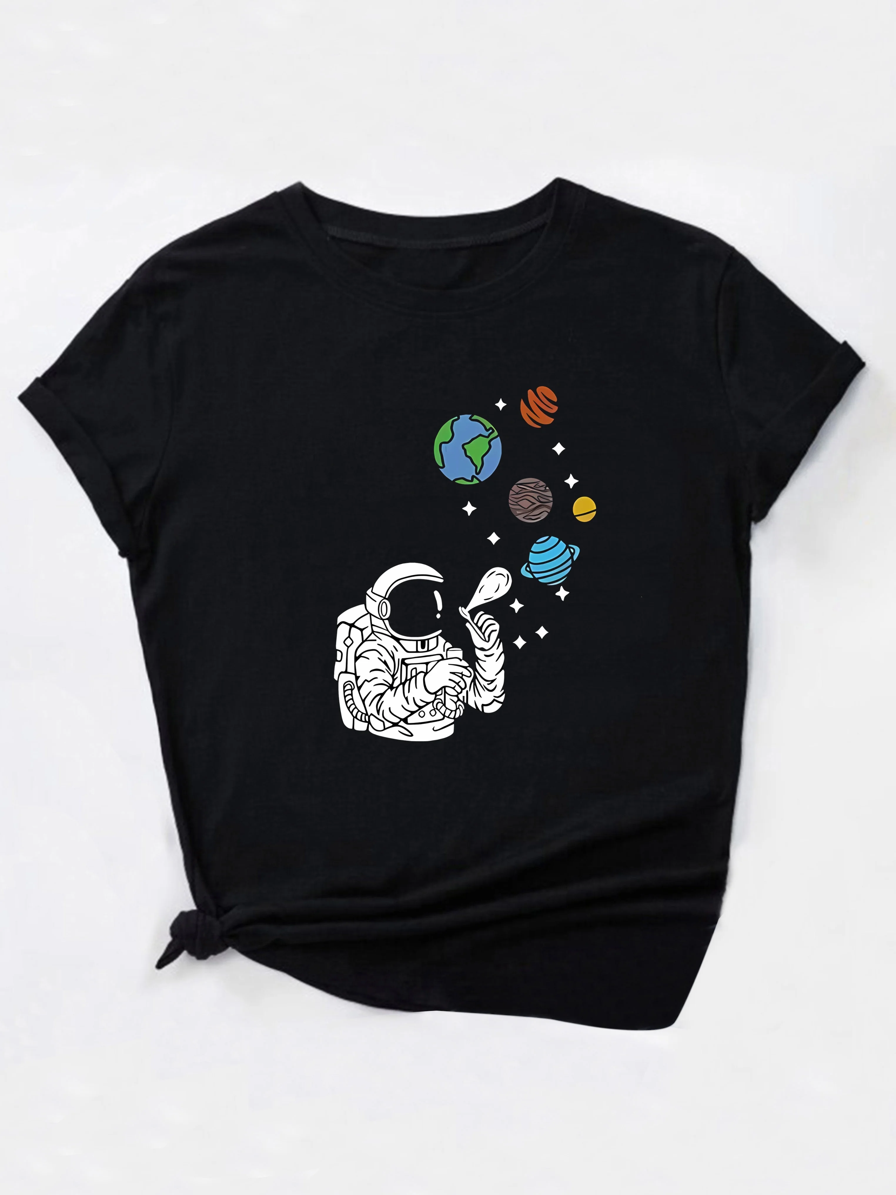 Astronaut Print Crew Neck T-shirt, Short Sleeve Casual Top For Summer & Spring, Women's Clothing t shirt women