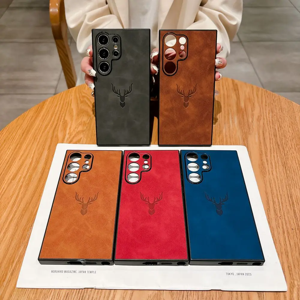 Lambskin Leather Deer Head Case For Samsung Galaxy S26 S25 Ultra S26 S24 S23 S22 S21 Ultra Plus FE A55 A53 A52 A36 Retro Cover