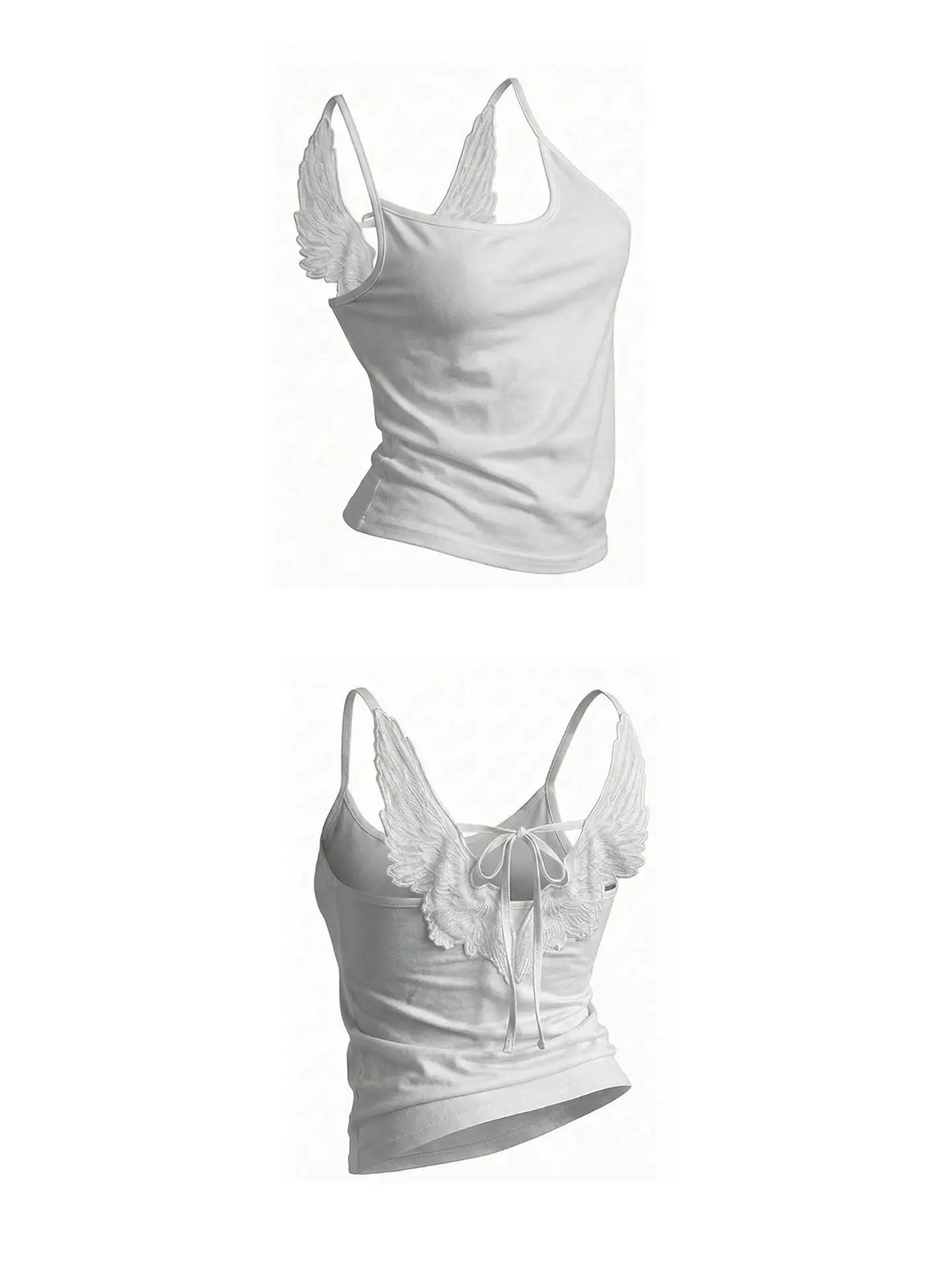 Y2K Women Gothic Trendy Angel Wings Vest 3D Embossed Wings Embroidered Spaghetti Strap Vest Summer Sexy Slim Backless Short Tops
