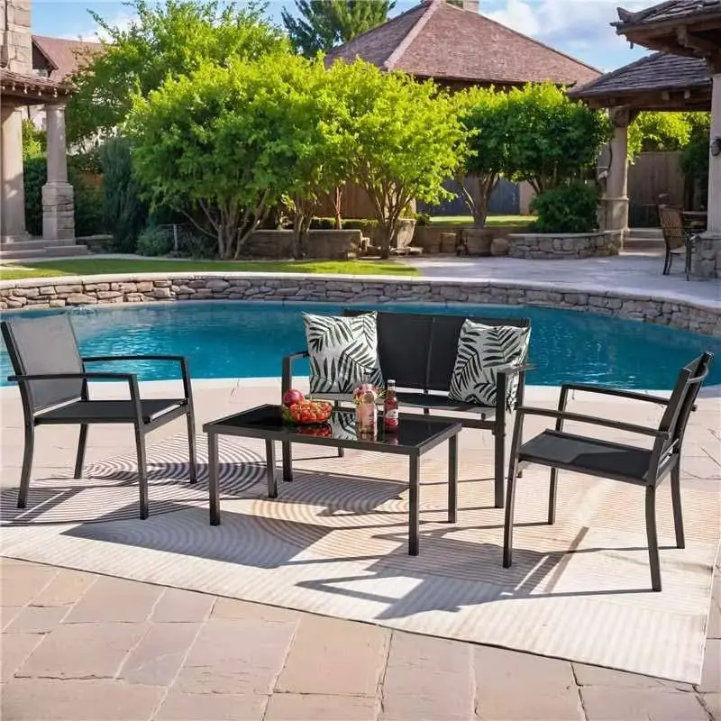 4 Pieces Patio Furniture Set Modern Patio Conversation Set Textilene Outdoor Furniture Patio Chairs Set of 4 with Loveseat Table